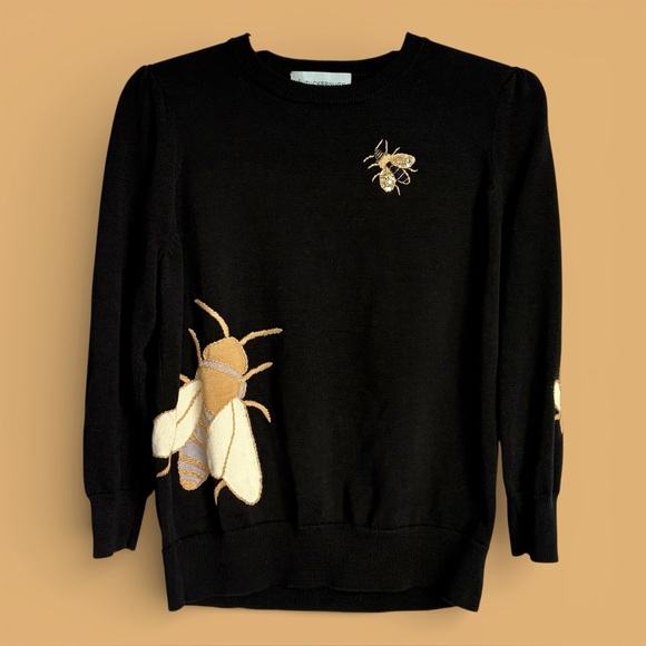 Tuckernuck Black Crewneck Sz S Sweater Bee Appliqués Embellishments Puff Sleeve